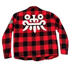 AM Collection Men's L Red Black Buffalo Plaid Check Snap Shacket Tribal Graphic